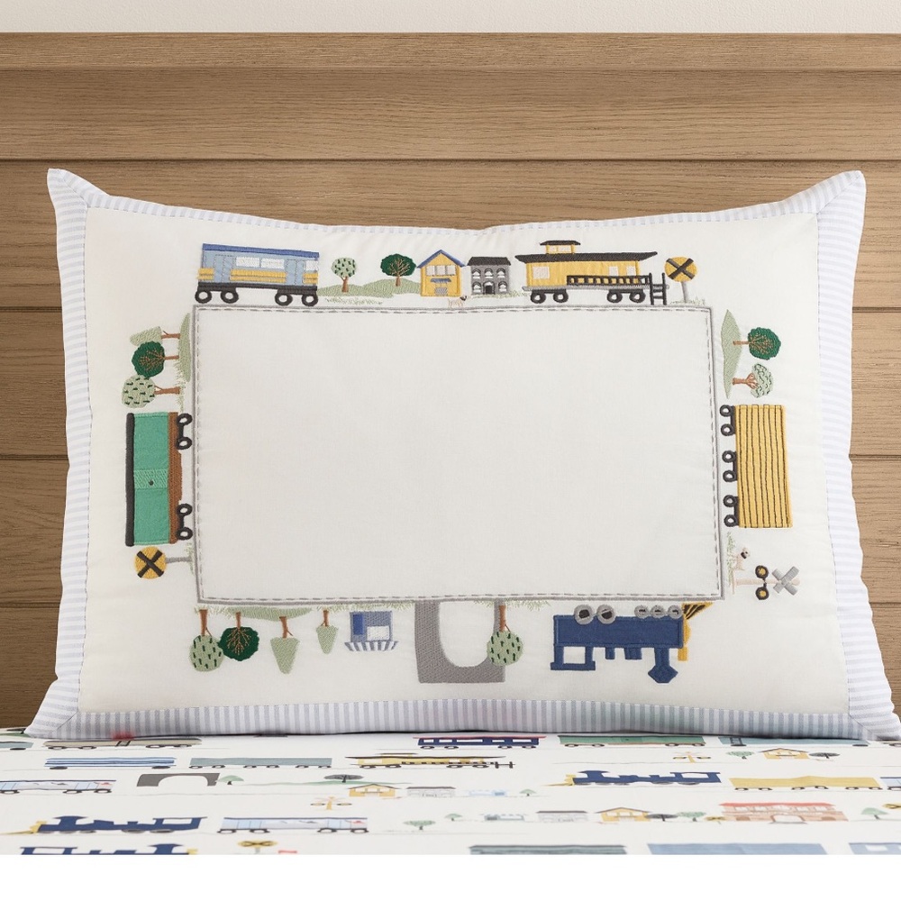 Pottery Barn Kids Embroidered Heritage Train Border Standard Sham